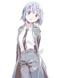 Rule 34 | 1girl, alternate costume, arms behind back, black necktie, blue eyes, blue hair, blush, coat, collared shirt, commentary request, grey pants, head tilt, looking at viewer, mahou shoujo madoka magica, mahou shoujo madoka magica (anime), miki sayaka, mr nini, necktie, pants, shirt, shirt tucked in, short hair, smile, solo, white background, white shirt