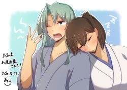 Rule 34 | 2girls, absurdres, brown hair, collarbone, closed eyes, hair ribbon, highres, japanese clothes, kaga (kancolle), kantai collection, leaning on person, long hair, multiple girls, open mouth, osora (judithandlilith), ribbon, side ponytail, sleeping, sleeping on person, sleeping upright, translation request, twintails, yawning, zuikaku (kancolle)