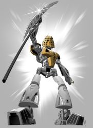Rule 34 | absurdres, bionicle, glowing, glowing eyes, grey background, greyscale, highres, holding, holding weapon, humanoid robot, jeetdoh, looking down, monochrome, no humans, non-humanoid robot, open hands, robot, staff, takanuva (bionicle), the lego group, weapon, white eyes