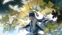 Rule 34 | 1boy, ahoge, bird, blue hair, blue robe, board game, bonsai, branch, character request, cloak, crane (animal), floating clothes, floating hair, folding fan, from side, go (board game), grey hair, hand fan, highres, holding, lieshang773, long hair, long sleeves, looking away, male focus, motion blur, mountain, multicolored hair, outstretched arm, painting (object), plant, playing games, profile, robe, sash, seiza, silhouette, sitting, sky, solo, star (sky), starry sky, streaked hair, tree, very long hair, wangzhe rongyao, white cloak, white hair