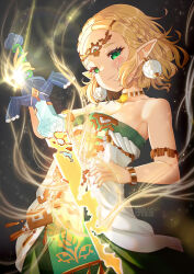 Rule 34 | 1girl, bare shoulders, blonde hair, braid, breasts, cleavage, closed mouth, collarbone, commentary request, crown braid, dress, earrings, glowing, headpiece, highres, holding, holding sword, holding weapon, jewelry, looking at viewer, medium breasts, nintendo, pointy ears, princess zelda, short hair, smile, solo, strapless, strapless dress, sword, the legend of zelda, the legend of zelda: tears of the kingdom, triforce, weapon, white dress, xephonia