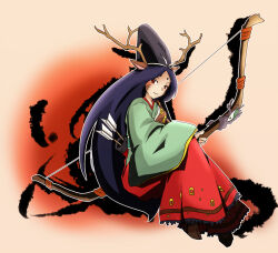 Rule 34 | 1girl, arrow (projectile), bow (weapon), female focus, hat, horns, kaede no kurenai, onmyou taisenki, shikigami (onmyou taisenki), smile, solo, weapon