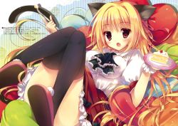 Rule 34 | 1girl, absurdres, animal ears, black thighhighs, blonde hair, blush, breasts, cake, cake slice, cat ears, fangs, food, fruit, heart, heart-shaped pillow, highres, hisama kumako, knees together feet apart, knees up, lying, on back, open mouth, pillow, plate, strawberry, strawberry shortcake, thighhighs
