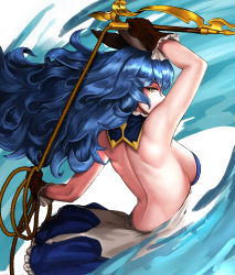 Rule 34 | 1girl, absurdres, armpits, back, bare back, bare shoulders, blue hair, blue skirt, breasts, brown gloves, commentary request, erune, ferry (granblue fantasy), gloves, granblue fantasy, highres, holding, holding whip, korean commentary, long hair, looking at viewer, looking back, medium breasts, narcur, sideboob, skirt, solo, whip, yellow eyes