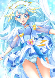 Rule 34 | 1girl, blue background, blue hair, blue panties, blush, breasts, cure ange, dress, earrings, feathers, gluteal fold, gradient background, hair ornament, hanzou, hat, head wings, heart pouch, highres, hugtto! precure, jewelry, long hair, looking at viewer, magical girl, medium breasts, nurse cap, open mouth, panties, precure, see-through, see-through sleeves, smile, solo, thick eyelashes, thighs, underwear, very long hair, wings, wrist cuffs, yakushiji saaya