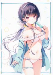 Rule 34 | 1girl, absurdres, bare shoulders, bikini, blue jacket, blush, breasts, collarbone, food, frilled bikini, frills, hair ornament, hair scrunchie, hairclip, highres, humuyun, jacket, long hair, looking at viewer, low twintails, nail polish, navel, off shoulder, open clothes, open jacket, original, parted lips, popsicle, purple hair, red eyes, scan, scrunchie, simple background, small breasts, solo, swimsuit, thigh strap, twintails, white background, white bikini, yellow scrunchie