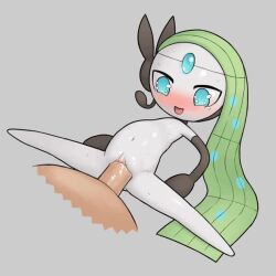 Rule 34 | 1boy, 1girl, animated, black skin, blue eyes, blush, colored skin, creatures (company), flat chest, forehead jewel, full body, game freak, gen 5 pokemon, green hair, grey background, hands on own thighs, hetero, interspecies, legendary pokemon, long hair, looping animation, lying, meloetta, meloetta (aria), mythical pokemon, nintendo, on back, open mouth, penis, pokemon, pokemon (creature), pokephilia, pussy, sex, shiny skin, simple background, smile, solo focus, sparkling eyes, spread legs, stomach bulge, sweat, tosx, uncensored, vaginal, video, white skin