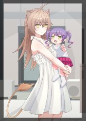 Rule 34 | 2girls, absurdres, ahoge, animal ears, armpit crease, artist name, border, brown hair, carrying, carrying person, carrying under arm, child, collarbone, commentary, creator connection, demon girl, dress, english commentary, family portrait, green eyes, hair ornament, hairclip, highres, hololive, indie virtual youtuber, indoors, lion ears, lion girl, lion tail, long hair, looking at viewer, multiple girls, mungo biko, purple hair, rurudo lion, tail, tokoyami towa, tsurime, twintails, twitter username, virtual youtuber, white dress, aged down