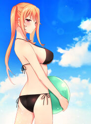 1girl absurdres ass ball bikini black_bikini blonde_hair blush breasts butt_crack cowboy_shot highres holding holding_ball large_breasts looking_at_viewer looking_to_the_side nakiri_erina pink_eyes shokugeki_no_souma side-tie_bikini_bottom smile solo sweatdrop swimsuit toy-black twintails