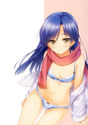 Rule 34 | 1girl, absurdres, blue bra, blue hair, blue panties, blush, bow, bow panties, bra, breasts, brown eyes, collarbone, courreges ace, dress shirt, flat chest, highres, idolmaster, idolmaster (classic), kisaragi chihaya, long hair, looking at viewer, navel, open clothes, open shirt, panties, scan, scarf, shirt, solo, unbuttoned, underwear, underwear only, undressing