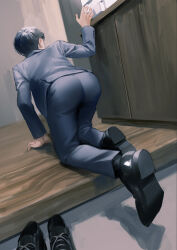 Rule 34 | 1boy, all fours, arm support, ass, black footwear, black hair, blue pants, blue suit, dutch angle, entrance, facing away, formal, from behind, hand up, highres, indoors, ishida (segu ishida), legs together, long sleeves, male focus, on floor, original, pants, shoes, short hair, solo, suit, wooden floor