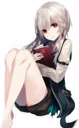 Rule 34 | 1girl, absurdres, albino, barefoot, black shorts, book, closed mouth, collared shirt, expressionless, hair between eyes, highres, holding, holding book, knees up, long hair, long sleeves, looking at viewer, ogami ren, open book, original, red eyes, shirt, shorts, silver hair, simple background, sitting, solo, swept bangs, thighs, white background, white shirt