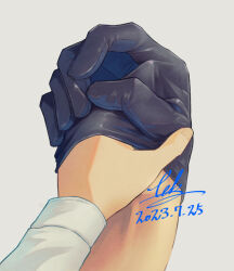 Rule 34 | 1boy, 1girl, 2023, andy (undead unluck), black gloves, dated, gloves, grey background, hand focus, hand under clothes, holding hands, izumo fuuko, long sleeves, signature, simple background, tebbbba, undead unluck
