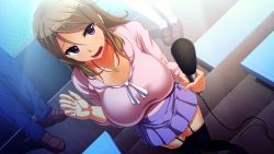 Rule 34 | 1girl, blonde hair, blue skirt, blush, breasts, cleavage, eyebrows, game cg, garter straps, highres, holding, huge breasts, kanzen jikan teishi, legs, long hair, long sleeves, looking at viewer, microphone, open mouth, purple eyes, shoes, skirt, solo focus, standing, sweat, thighhighs, thighs, uo denim