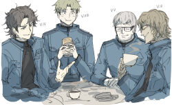 Rule 34 | 4boys, armored core, armored core 6, blonde hair, brown eyes, brown hair, closed eyes, coffee, coffee cup, commentary request, cup, disposable cup, eating, glasses, grey hair, kankan33333, male focus, multiple boys, oekaki, shirt, simple background, uniform, v.iii o&#039;keeffe, v.iv rusty, v.v hawkins, v.viii pater, white shirt