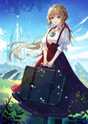 Rule 34 | 1girl, :d, absurdres, aqua eyes, blonde hair, blue sky, castle, cloud, collarbone, commentary, dress, elran, fantasy, grass, hair blowing, hair ribbon, highres, holding, holding suitcase, huge filesize, jewelry, long hair, necklace, open mouth, original, outdoors, petals, red dress, ribbon, shirt, sidelocks, sky, smile, solo, standing, stone, suitcase, white shirt