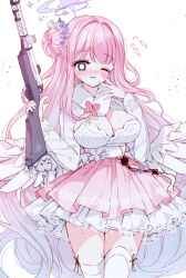 Rule 34 | 1girl, absurdres, alternate costume, blue archive, blush, breasts, brown eyes, cleavage, commentary request, crescent, feathered wings, flower, gun, hair bun, hair flower, hair intakes, hair ornament, hands up, heart, highres, holding, holding gun, holding weapon, lanchester smg, large breasts, long hair, long sleeves, looking at viewer, mika (blue archive), one eye closed, parted lips, pink hair, pink skirt, purple flower, redrawn, simple background, single side bun, skirt, solo, submachine gun, tandohark, thighhighs, very long hair, weapon, white background, white skirt, white thighhighs, white wings, wings