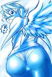Rule 34 | 1girl, angel wings, artist request, ass, blue theme, blush, breath of fire, breath of fire iv, lowres, monochrome, nina (breath of fire iv), panties, panties under pantyhose, pantyhose, solo, surprised, underwear, wings