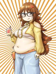 Rule 34 | 1girl, :q, bare shoulders, belly, black-framed eyewear, blue pants, bow, bra, breasts, brooch, brown eyes, brown hair, bubble tea, closed mouth, clothing cutout, commentary request, crop top, drink, fate/extra, fate/extra ccc, fate (series), feet out of frame, glasses, hair bow, highres, holding, holding drink, jewelry, jinako carigiri, long hair, long sleeves, looking at viewer, medium breasts, midriff, muffin top, navel, off shoulder, pants, plump, puffy sleeves, ring, shigekikkusu, shoulder cutout, signature, solo, striped, striped background, tongue, tongue out, underwear, very long hair, white background, white bra