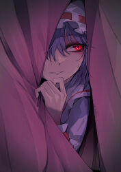 1girl 33_gaff behind_curtains blue_hair curtain_grab curtains hair_between_eyes hat hiding mob_cap one_eye_covered red_eyes remilia_scarlet short_hair solo spying sweat sweatdrop touhou wrist_cuffs