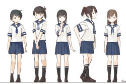 Rule 34 | 5girls, alternate costume, anchor symbol, black hair, black legwear, blue skirt, brown hair, cosplay, creator connection, dated, fubuki (kancolle), fubuki (kancolle) (cosplay), full body, hand on own hip, ise (kancolle), kaga (kancolle), kantai collection, kawashina (momen silicon), lineup, long hair, looking at viewer, mogami (kancolle), multiple girls, ooi (kancolle), pleated skirt, ponytail, short hair, short ponytail, side ponytail, simple background, skirt, v arms, white background