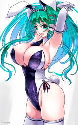 Rule 34 | 1girl, alternate costume, animal ears, armpits, arms up, black hairband, black necktie, blush, breasts, commentary request, cowboy shot, elbow gloves, fake animal ears, fake tail, frog hair ornament, gloves, green eyes, green hair, hair between eyes, hair ornament, hairband, highres, huge breasts, kochiya sanae, leotard, long hair, looking at viewer, necktie, open mouth, playboy bunny, rabbit ears, rabbit tail, short necktie, sidelocks, simple background, smile, snake hair ornament, solo, strapless, strapless leotard, tail, thighhighs, touhou, white background, white gloves, white thighhighs, yamaguchi yuu