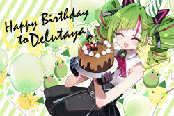Rule 34 | 1girl, balloon, black gloves, black skirt, blush, cake, closed eyes, delutaya, drill hair, food, gloves, green hair, hair ornament, hairpin, happy birthday, holding, holding plate, indie virtual youtuber, long hair, multicolored hair, open mouth, pink hair, plate, shadowsinking, skirt, smile, solo, streaked hair, twin drills, virtual youtuber