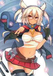 Rule 34 | 10s, 1girl, ammunition, blonde hair, breasts, dark skin, dark-skinned female, fingerless gloves, glasses, gloves, hairband, headgear, kantai collection, large breasts, machinery, midriff, miniskirt, musashi (kancolle), navel, personification, pointy hair, red eyes, sarashi, skirt, solo, suteba (grzjkbhgf), thighhighs, turret, twintails, two side up, zettai ryouiki