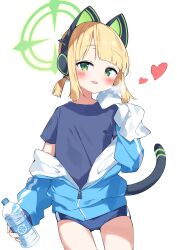Rule 34 | 1girl, absurdres, animal ear headphones, animal ears, black shirt, blonde hair, blue archive, blue buruma, blue jacket, blush, bottle, buruma, cat tail, clothes pull, commentary, cosplay, cowboy shot, fake animal ears, flat chest, green eyes, green halo, gym shirt, halo, headphones, heart, highres, holding, holding bottle, jacket, jacket pull, long sleeves, looking at viewer, midori (blue archive), open mouth, partially unzipped, shirt, short hair, simple background, solo, suta0822, tail, water bottle, white background, yuuka (blue archive), yuuka (blue archive) (cosplay), yuuka (track) (blue archive)