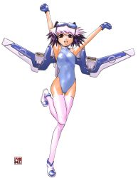 Rule 34 | 1990s (style), 1girl, android, breasts, excel saga, gloves, goggles, highres, jetpack, multicolored hair, one-piece swimsuit, rikudou koushi, ropponmatsu 2, short hair, small breasts, solo, swimsuit, thighhighs, two-tone hair