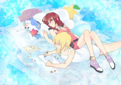 Rule 34 | 2girls, blonde hair, blue eyes, blush, breasts, commentary request, crayon, dream eater, dress, heke, kairi (kingdom hearts), kingdom hearts, kingdom hearts 3d dream drop distance, kingdom hearts ii, long hair, multiple girls, namine, pillow, purple eyes, purple footwear, red hair, smile, white dress