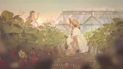 Rule 34 | 2girls, ^ ^, arm up, bare legs, barefoot, basket, brown hair, check commentary, closed eyes, commentary request, dress, closed eyes, food, fruit, garden, greenhouse, hat, highres, holding, holding food, holding fruit, jinn avalon, long hair, looking at another, multiple girls, open mouth, original, outdoors, perspective, plant, scenery, sleeveless, sleeveless dress, squatting, standing, straw hat, strawberry, sun hat, sundress, sunset, translation request, twitter username, waving, white dress