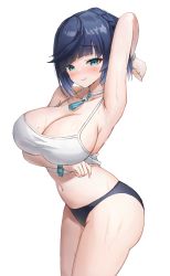 Rule 34 | 1girl, absurdres, arm behind head, arm under breasts, arm up, armpits, blue eyes, blue hair, blue panties, blunt bangs, blush, bracelet, breast hold, breasts, camisole, choker, cleavage, closed mouth, cowboy shot, diagonal bangs, dice, embarrassed, genshin impact, green eyes, highres, jag ging, jewelry, large breasts, looking at viewer, mole, mole on breast, navel, necklace, panties, revision, short hair, simple background, smile, solo, stomach, sweat, tassel, underwear, white background, white choker, yelan (genshin impact)