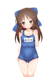 Rule 34 | 1girl, blue one-piece swimsuit, blush, bow, breasts, brown eyes, brown hair, covered navel, gluteal fold, hair bow, hand on own chest, highres, hosizora mikoto, idolmaster, idolmaster cinderella girls, long hair, name tag, old school swimsuit, one-piece swimsuit, open mouth, ribbon, school swimsuit, simple background, small breasts, solo, swimsuit, tachibana arisu, thigh gap, thighs, white background