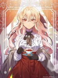 Rule 34 | 1girl, artist name, bad id, bad pixiv id, black bow, black gloves, black neckwear, blonde hair, bow, cup, curtains, frilled shirt, frills, gloves, hair between eyes, hair bow, highres, indoors, long sleeves, looking at viewer, original, red eyes, red skirt, risem, shirt, skirt, standing, teacup, white shirt