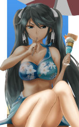 Rule 34 | 1girl, alternate costume, anchor symbol, bare legs, bikini, blue eyes, blue hair, blue sky, breasts, cleavage, collarbone, eating, floral print, food, hair ribbon, half-closed eyes, highres, holding, holding spoon, ice cream, isuzu (kancolle), kantai collection, knees together feet apart, kokuzou, lace, lace-trimmed ribbon, lace trim, large breasts, long hair, looking at viewer, navel, outdoors, ribbon, sarong, single-shoulder bikini, sitting, sky, smile, solo, spoon, swept bangs, swimsuit, twintails, umbrella, waffle