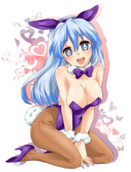 Rule 34 | 1girl, animal ears, bad id, bad pixiv id, black pantyhose, blue eyes, blue hair, bow, bowtie, breasts, choker, cleavage, collarbone, fake animal ears, female focus, fishnet pantyhose, fishnets, heart, high heels, highres, kamishirasawa keine, karasuma yayoi, kneeling, large breasts, leotard, long hair, looking at viewer, matching hair/eyes, open mouth, pantyhose, playboy bunny, rabbit ears, rabbit tail, shoes, simple background, sitting, smile, solo, tail, touhou, unmoving pattern, v arms, white background