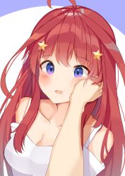 Rule 34 | 1girl, ahoge, bare shoulders, blush, breasts, cleavage, collarbone, dress, go-toubun no hanayome, hair between eyes, hair ornament, hand on another&#039;s cheek, hand on another&#039;s face, highres, long hair, medium breasts, mizuki ryuu, nakano itsuki, off-shoulder dress, off shoulder, open mouth, out of frame, purple background, purple eyes, red hair, solo focus, star (symbol), star hair ornament, surprised, two-tone background, upper body, very long hair, white background, white dress