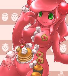 Rule 34 | 10s, 1girl, 2014, :3, azamimaru, bad id, bad pixiv id, between breasts, breasts, colored skin, cookie, cowboy shot, dated, dripping, food, green eyes, ice cream, large breasts, long hair, marshmallow, monster girl, muffin, nude, nyotaimori, original, pancake, red hair, red skin, slime girl, solo, togeshiro azami, whipped cream, wide hips
