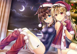 Rule 34 | 10s, 2girls, ahoge, alternate costume, bauble, bell, black bow, blonde hair, blue one-piece swimsuit, blush, bow, bow legwear, braid, brown hair, capelet, christmas ornaments, christmas tree, cloud, cloudy sky, covered erect nipples, covered navel, crescent moon, curtains, dressing, dutch angle, full-face blush, fur trim, hair between eyes, hair flaps, hair ornament, hair ribbon, hairclip, hat, kantai collection, knees together feet apart, knees up, koyuki (kotatsu358), light smile, long hair, looking at viewer, moon, multiple girls, night, night sky, one-piece swimsuit, parted lips, red ribbon, ribbon, santa hat, school swimsuit, shigure (kancolle), single braid, sitting, sky, star (symbol), swimsuit, teeth, thighhighs, thighs, tress ribbon, white legwear, yuudachi (kancolle)