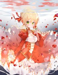 Rule 34 | 10s, 1girl, air bubble, b rock, bad id, bad pixiv id, blonde hair, braid, bubble, dress, epaulettes, fate/extra, fate/extra ccc, fate (series), flower, hair bun, hair ribbon, hand up, highres, holding, holding flower, juliet sleeves, long sleeves, looking at viewer, nero claudius (fate), nero claudius (fate) (all), nero claudius (fate/extra), petals, puffy sleeves, red dress, red flower, red ribbon, red rose, ribbon, rose, rose petals, single hair bun, solo, underwater