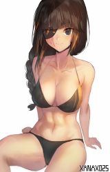 Rule 34 | 1girl, abs, alternate costume, arm support, artist name, bad id, bad twitter id, bikini, blonde hair, braid, breasts, brown hair, cleavage, closed mouth, collarbone, commentary, eyepatch, girls&#039; frontline, highres, large breasts, long hair, looking at viewer, m16a1 (girls&#039; frontline), mole, mole under eye, multicolored hair, navel, scar, scar across eye, scar on face, sidelocks, simple background, single braid, sitting, smile, solo, stomach, streaked hair, swimsuit, white background, xanax025