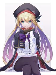 Rule 34 | 1girl, absurdres, artoria caster (fate), artoria caster (second ascension) (fate), artoria pendragon (fate), beret, black cape, black gloves, black hat, black pantyhose, blonde hair, border, bow, bowtie, buttons, cape, chromatic aberration, closed mouth, commentary request, crossed legs, double-breasted, dress, fate/grand order, fate (series), feet out of frame, gloves, gradient hair, green eyes, grey background, hair between eyes, hand up, hat, highres, invisible chair, kabi (zcwd8845), long hair, long sleeves, looking at viewer, multicolored hair, outside border, pantyhose, pink hair, purple bow, purple bowtie, purple hair, sitting, smile, solo, white border, white dress