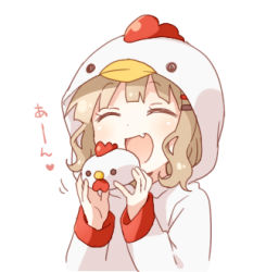 Rule 34 | 1girl, :d, ^ ^, animal hood, blonde hair, blush, chinese zodiac, closed eyes, dot nose, eyelashes, facing viewer, fang, food, hair ornament, hairclip, heart, holding, holding food, hood, long sleeves, lowres, medium hair, motion lines, namori, oomuro sakurako, open mouth, pajamas, rooster costume, shiny skin, simple background, sleeve cuffs, smile, solo, upper body, white background, year of the rooster, yuru yuri, |d