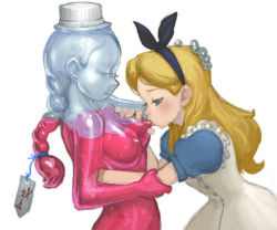 Rule 34 | alice, alice in wonderland, apron, blonde hair, blue eyes, blue skin, blush, bottle, bottle cap, braid, breast sucking, breasts, colored skin, dress, drinking, english, formal, frills, hair ribbon, hairband, hat, holding, lowres, personification, potion, red skin, ribbon, simple background, single braid, top hat, transparent, undershirt, water, what, yuri