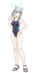 Rule 34 | 1girl, absurdres, animal ear fluff, animal ears, black one-piece swimsuit, blue archive, blue eyes, breasts, competition swimsuit, covered navel, cross hair ornament, extra ears, full body, grey hair, hair ornament, halo, highres, looking at viewer, low ponytail, medium breasts, medium hair, mismatched pupils, multicolored clothes, multicolored swimsuit, official alternate costume, one-piece swimsuit, sandals, shiroko (blue archive), shiroko (swimsuit) (blue archive), simple background, solo, swimsuit, tattered helmet (polan kui), white background, wolf ears