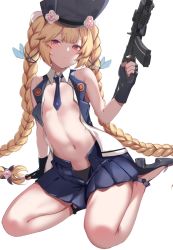 Rule 34 | 1girl, assault rifle, black footwear, black gloves, blonde hair, blue hat, blue necktie, blue skirt, braid, closed mouth, commentary, copyright request, fingerless gloves, flat chest, gloves, gun, hat, highres, holding, holding gun, holding weapon, long hair, looking at viewer, navel, necktie, red eyes, rifle, shoes, sitting, skirt, solo, spider apple, symbol-only commentary, very long hair, wariza, weapon