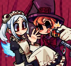 Rule 34 | 2girls, apron, bloody marie (skullgirls), blush, brooch, camera, curtains, cyborg, dress, frilled apron, frills, grey hair, hair ornament, hat, jewelry, maid headdress, mercysstrap, multiple girls, orange hair, peacock (skullgirls), phone, red eyes, selfie, short hair, sitting, skull hair ornament, skullgirls, smile, tongue, tongue out, top hat, twintails, waving