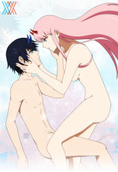 Rule 34 | 10s, 1boy, 1girl, aqua eyes, ass, black hair, blue eyes, blue horns, blue sky, blurry, blurry background, breasts, cherry blossoms, commentary, couple, darling in the franxx, day, eye contact, face-to-face, facing another, floating hair, girl on top, hand on another&#039;s face, hands on another&#039;s face, hetero, hiro (darling in the franxx), horns, long hair, looking at another, medium breasts, navel, no nipples, nude, oni horns, petals, pink hair, red horns, short hair, signature, sky, souqran, stomach, zero two (darling in the franxx), zoom layer