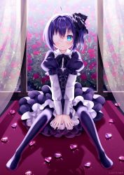 Rule 34 | 1girl, artist name, between legs, black bow, black dress, black pantyhose, blue eyes, blue hair, blush, bow, chuunibyou demo koi ga shitai!, closed mouth, collared shirt, commentary request, curtains, dress, eyepatch, flower, frilled bow, frills, gothic lolita, hair between eyes, hair bow, hand between legs, heart, highres, indoors, layered dress, lolita fashion, looking at viewer, medical eyepatch, nami (nyaa), one side up, pantyhose, pleated dress, puffy short sleeves, puffy sleeves, red flower, red rose, rose, shirt, short sleeves, sitting, solo, takanashi rikka, transparent, water drop, white shirt, window